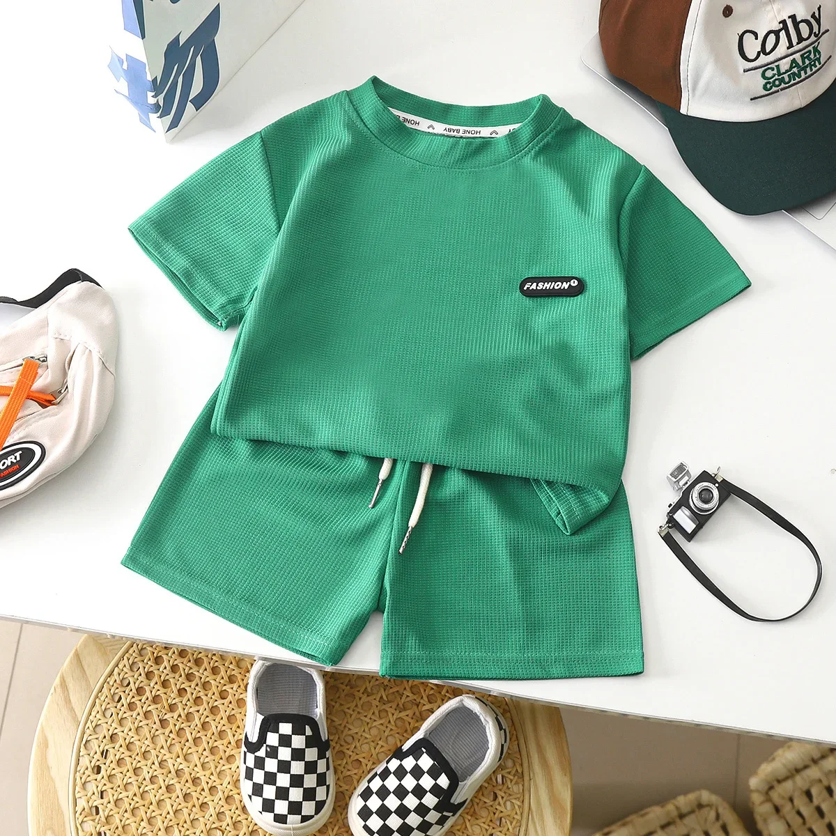 Rindu Waffle thin girls summer children\'s clothing set, Korean version loose casual children\'s clothing baby short sleeved trend