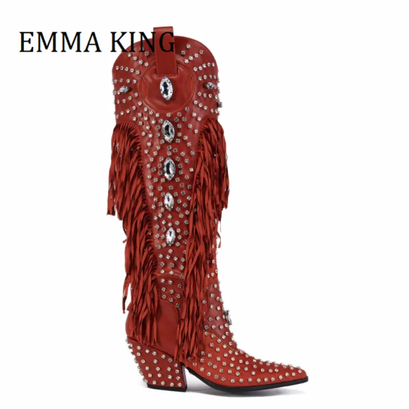 Red Fringe Western Cowboy Boot Women Sexy Pointed Toe Chunky Heel Rhinestone-studded Boots Luxury Autumn Winter Botas De Mujer