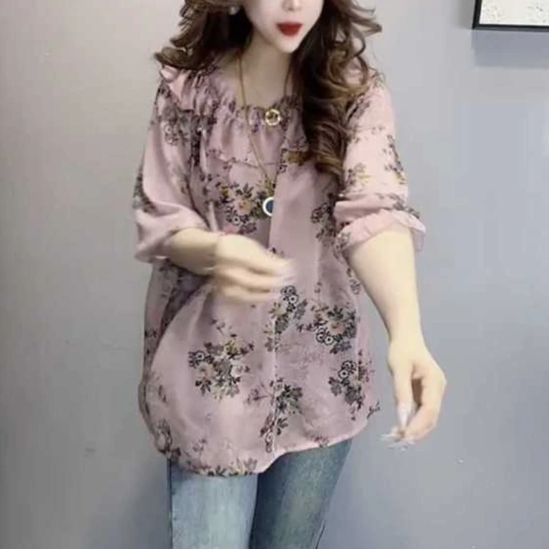 2024 New Summer Retro Elegant Commuter Simple Fashion Loose Blouse Half Sleeved Ruffled Neck Printed Panel Women\'s Shirt Top