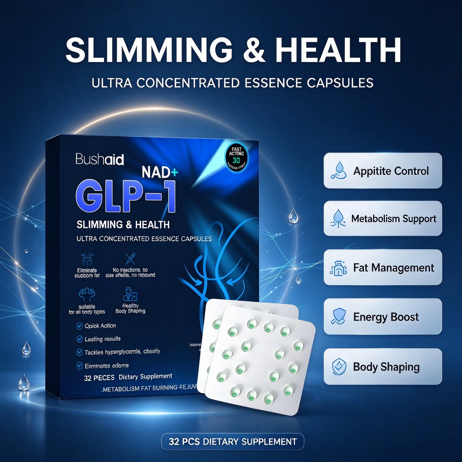 NAD+ GLP-1 Slimming Health Capsules No Injection Fat Burning Support Appetite Control Detox Body Shaping Supplement 32 Counts