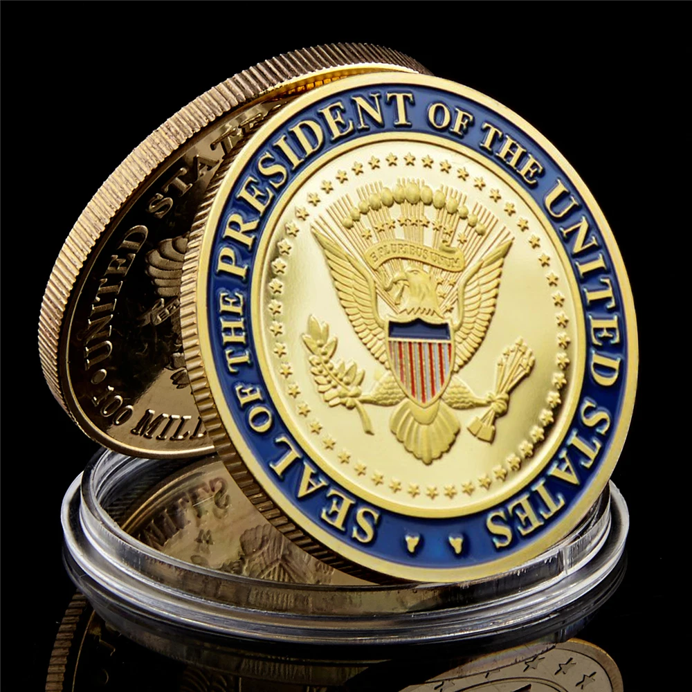 45th US President Of The USA Donald Trump Make America Great Again Gold Plated Coin With White House