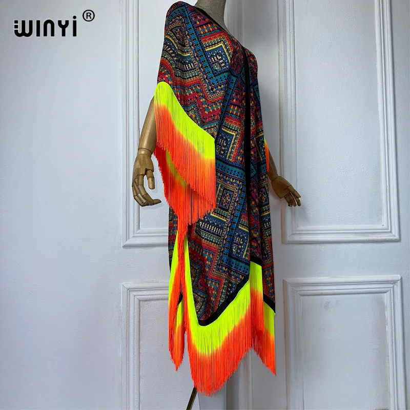 WINYI Fashion gradient tassel print loose dress beach Cover-up V-neck fashion kaftan sexy Holiday African wamen evening dress