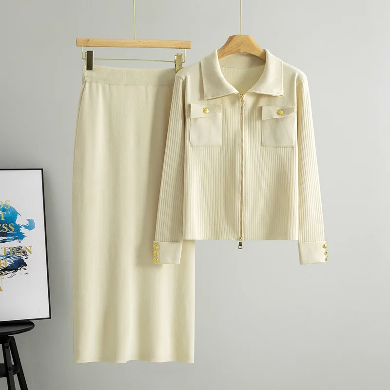 Women Dress Sets Polo Collar Solid Matching Sets Knitted Sweater Casual Basics Sheath Sexy Wrap Buttocks Two Pieces Spring image 4