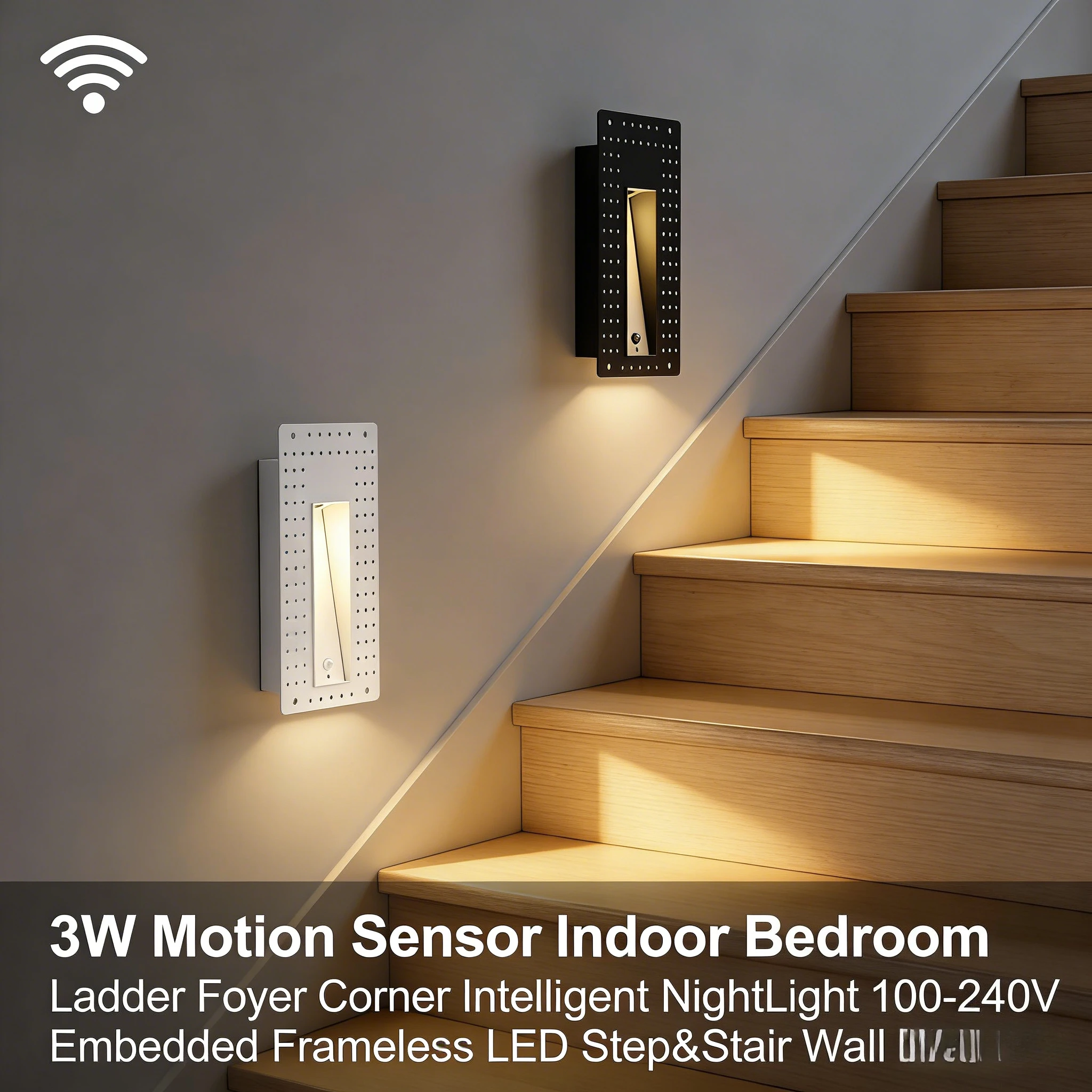 Intelligent Motion Sensor Indoor LED Stair Light 3W 100-240V Frameless Embedded NightLight for Bedroom Foyer Corner Wall Lamp
