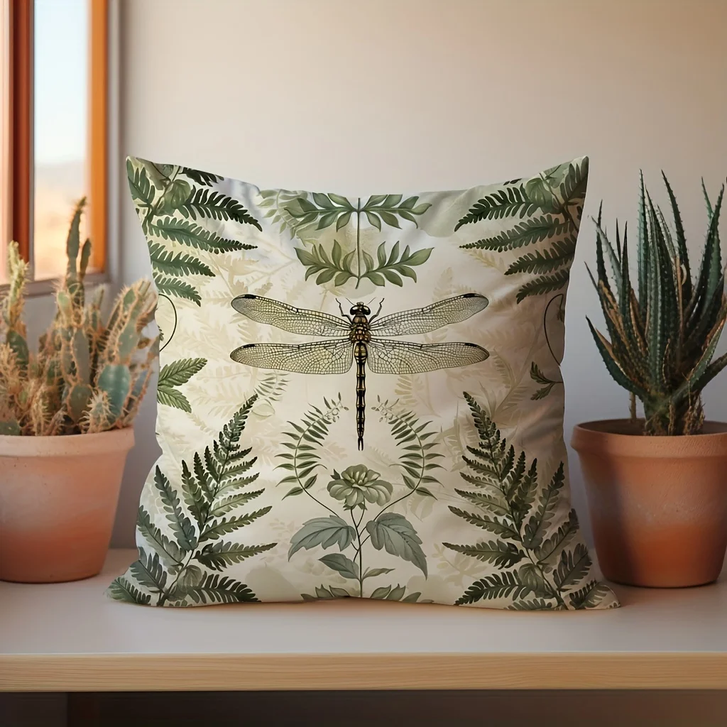 VIKAMA Green Dragonfly Printed Pillow Cover Living Room Sofa Bedroom Decorative Cushion Cover Home Pillow Cover Home Decoration