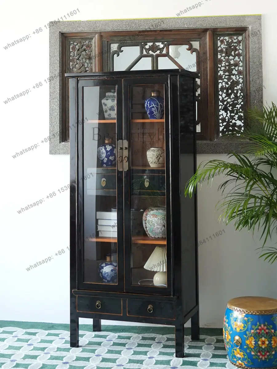 LD new Chinese solid wood retro glass display case Elm retro old display case