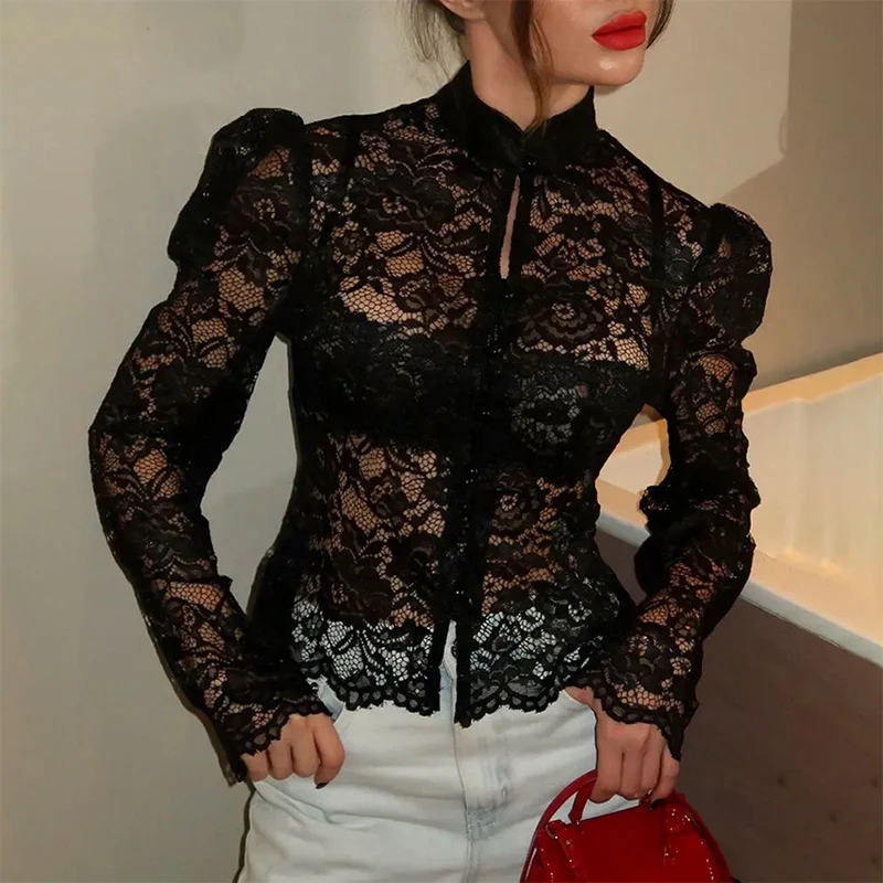 

Trendix Sheer Lace Blouse Femme 2026 Summer Hollow Out Long Sleeve Button Mesh Top Party Club Sexy See Through Commuter Top