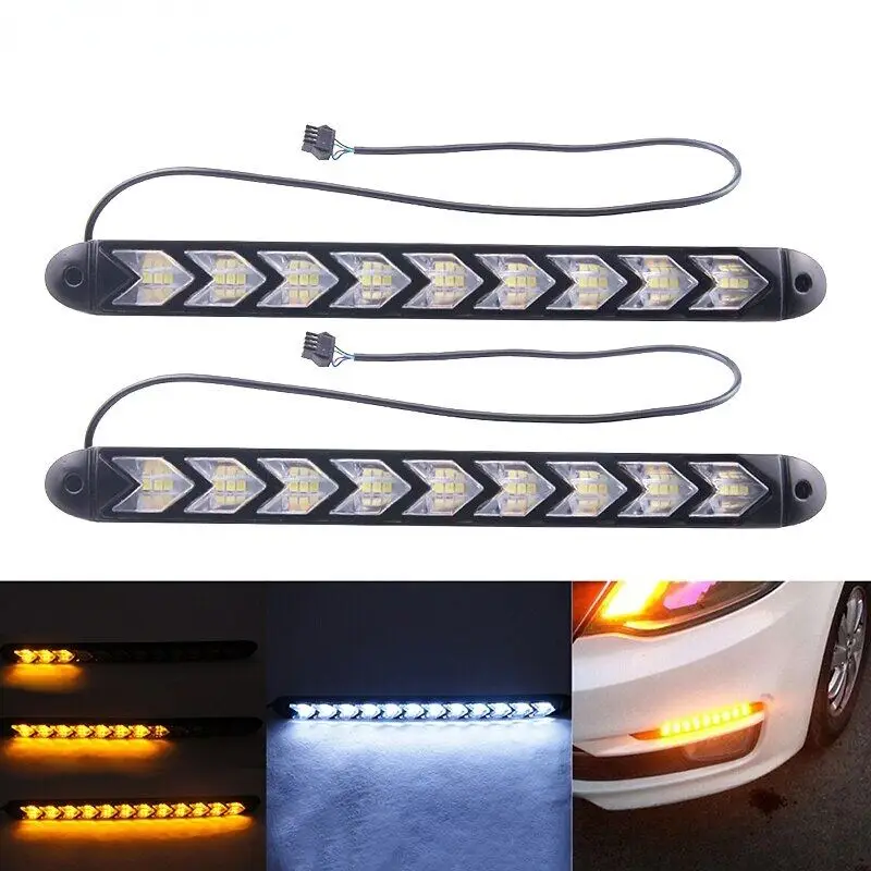 2pcs Car Daytime Running Light Headlight Strip Sequential Flow Turn Signal DRL Light Switchback Knight Rider Arrow LED Strip