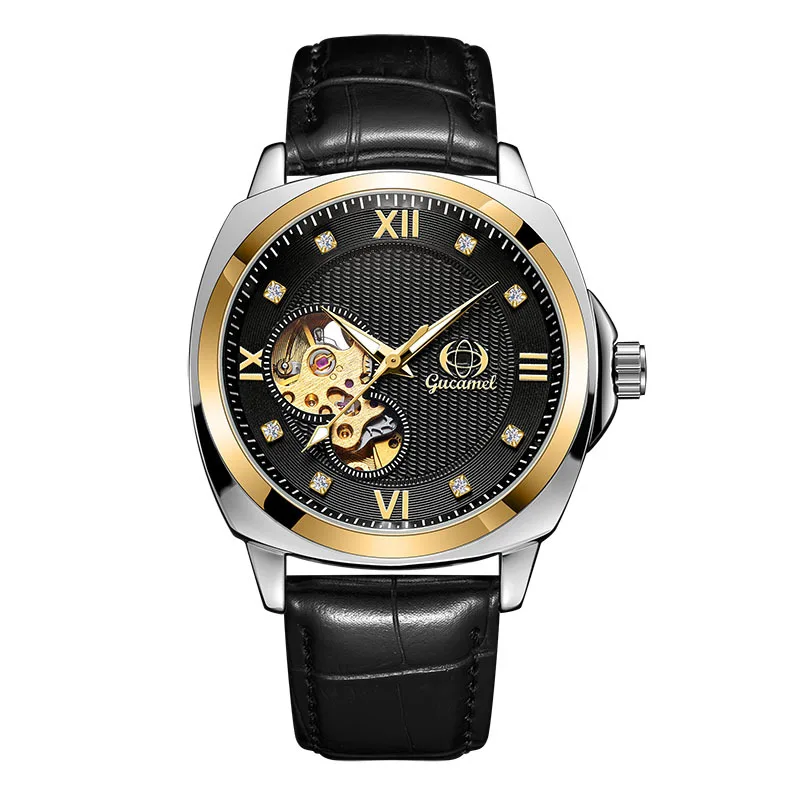 Fully Automatic Mechanical Watch for Men Simple Business Leather Strap Male Fashion Diamond Inlaid Watches Night Light Creative