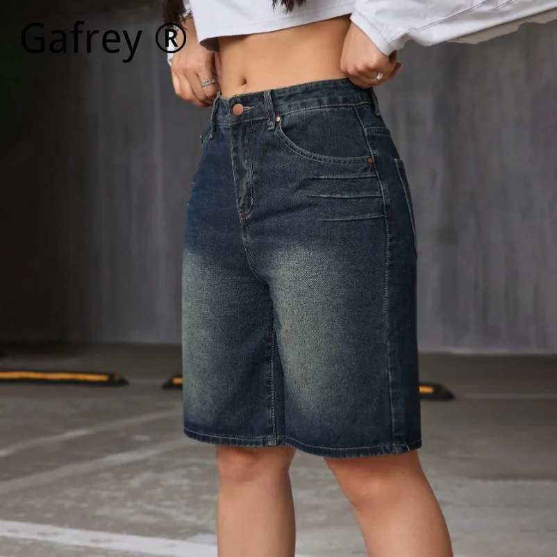 Women Retro Washed Blue Denim Shorts Trendy Loose Mid Jeans Casual All Match Streetwear Female Daily Fashion Bottoms
