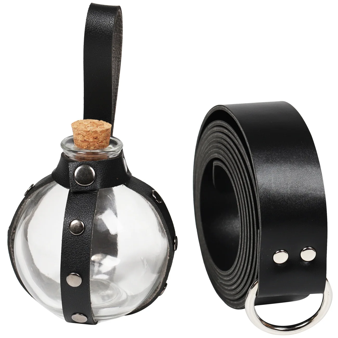 Medieval Alchemy Round Flask Potion Bottle With A Cork PU Leather Holder Punk Waist Belt Accessory Larp Costume Cosplay Perfumes