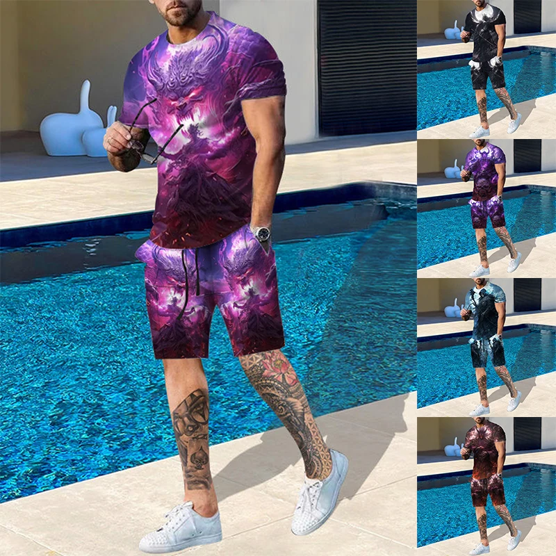 2024 Men's Summer Casual Suit Oversized Men's Top Y2K Style Fashion Printed Reaper Pattern Sports Breathable Refreshing Suit