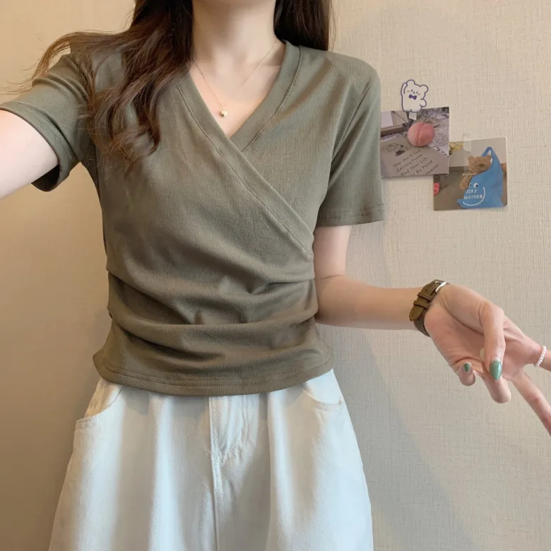 Loose Short Sleeve V-Neck T-Shirt plus Size Women's Summer Design Cross Korean Style Commute Thin Fabric Regular Length