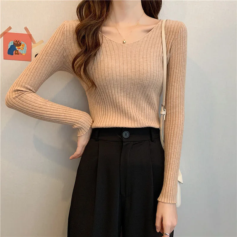 Xpqbb Solid Bottoming Sweater Women Casual Basic V-neck Long Sleeve Knitting Sweaters Woman Autumn New Wild Slim Ribbed Pullover