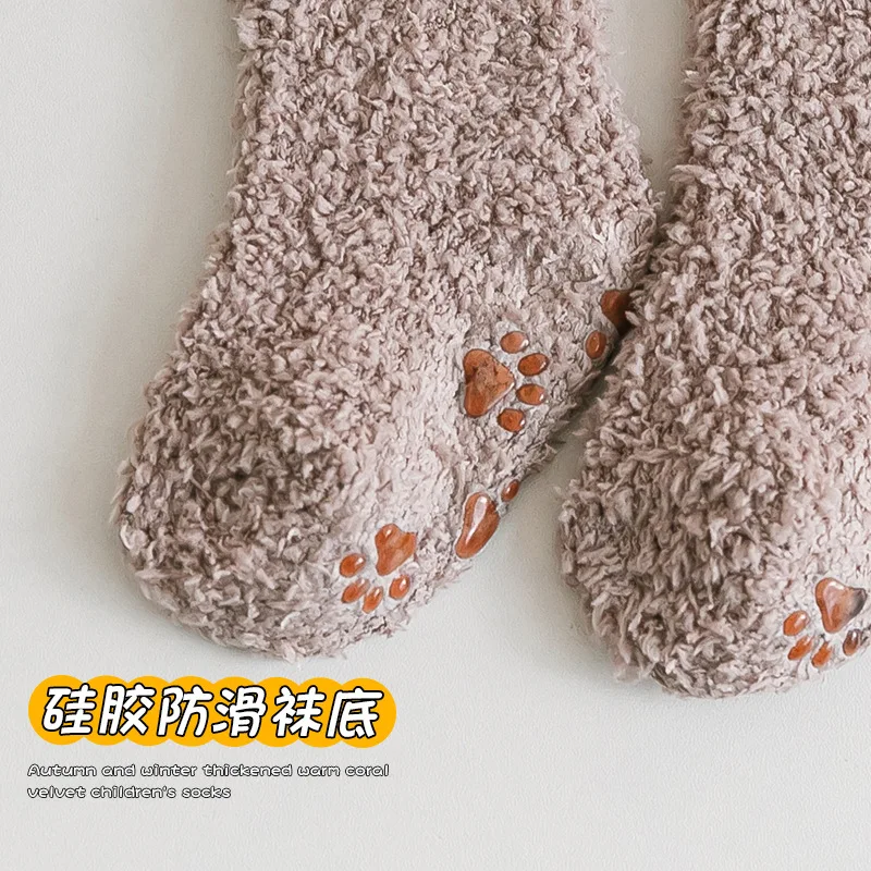 1 Pair Warm Kid Sock Korean Solid Color Calf Sock for Toddler Baby Boy Girl Coral Fleece Autumn Winter Non-slip Floor Kids Sock