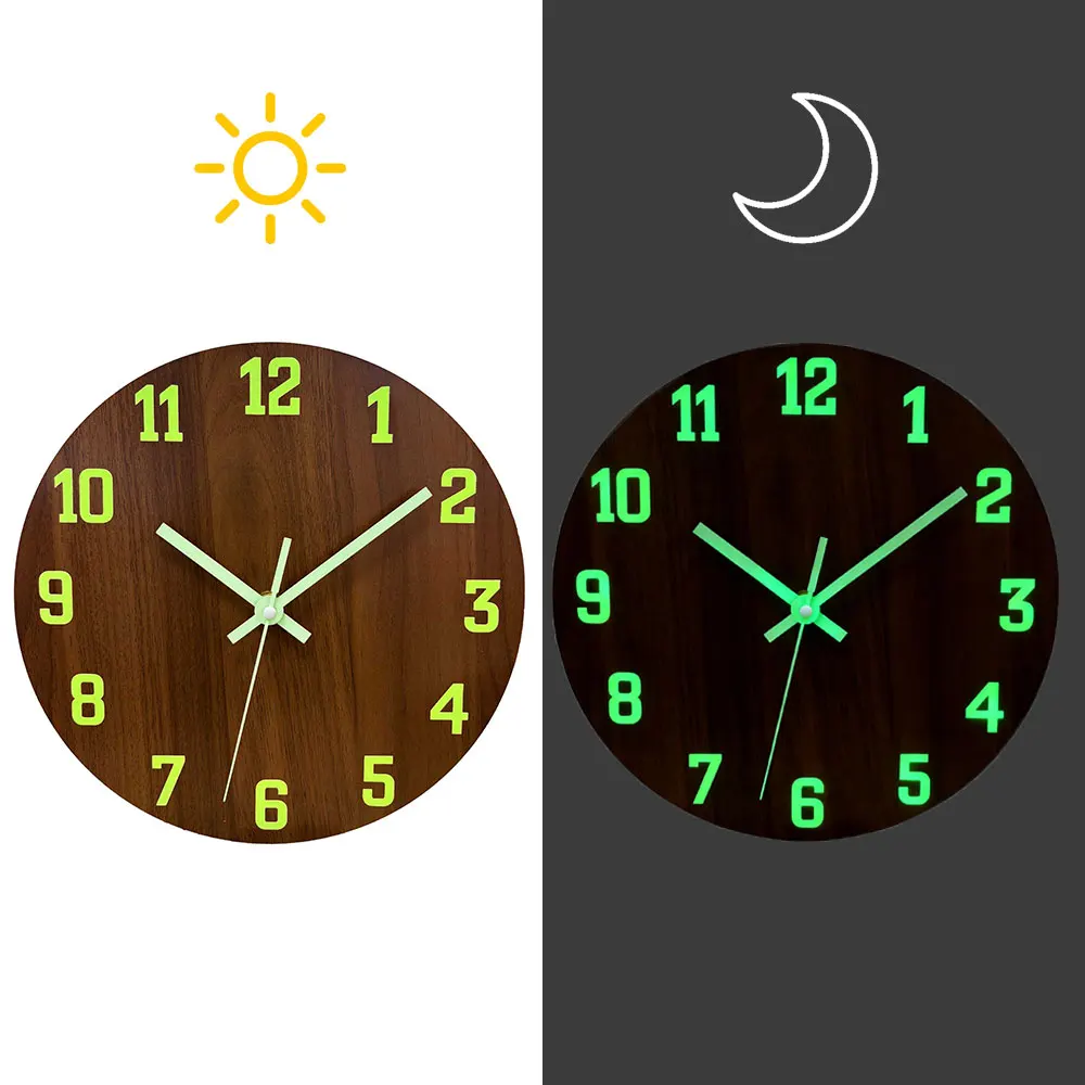 1 قطعة ساعة حائط مضيئة خشبية موضة ساعة ضوء صامت في الليل المظلم مع عدم وجود موقوتة ساعة حائط لغرفة النوم 8/10/12 بوصة