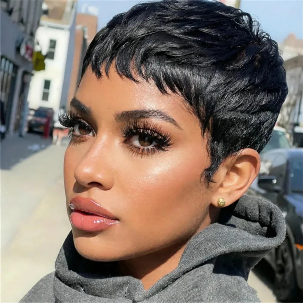 Human Hair Pixie Cut Wigs With Bangs 1B# Short Bob Human Hair Wigs 6 inch Brazilian Virgin Remy Hair Full Machine Made Wigs
