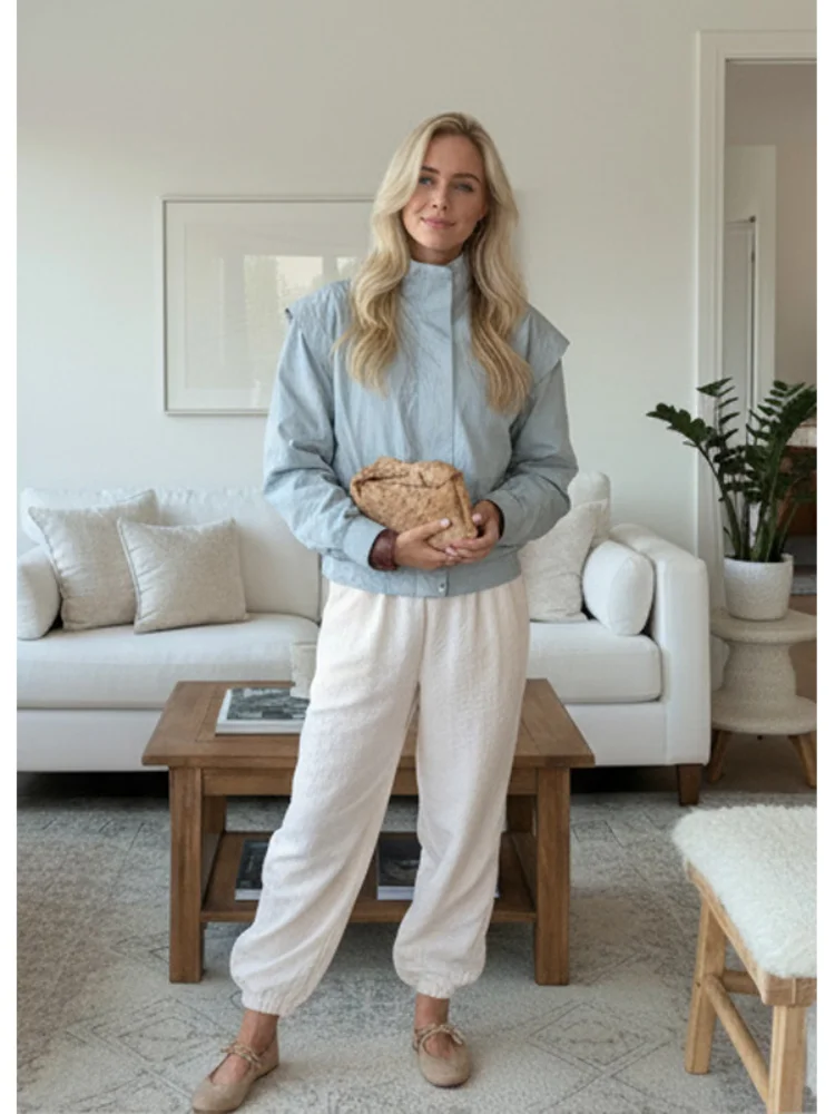 

Lady Blue Chic Stand Collar Short Coat Full Sleeve Zipper Thin Cropped Jacket 2026 Fashion Women Spring Daily Commute Outerwear