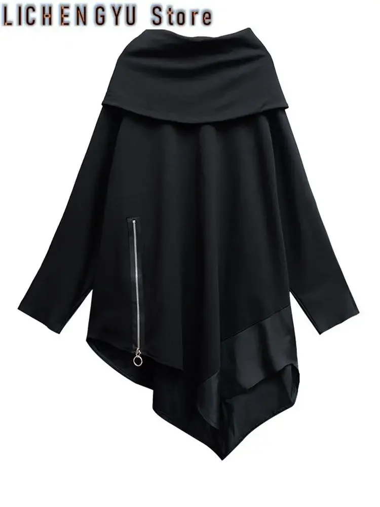 Loose Fit Black Zipper Irregular Casual Sweatshirt New Long Sleeve Women Big Size Fashion Tide Spring Autumn