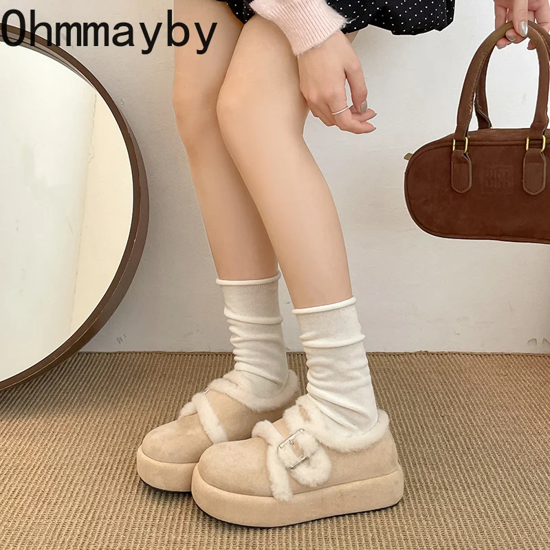 Women Round Toe Fur Platform Loafers Metal Buckle Strap Fleece Lined Warm Winter Shoes Suede Thick Sole Casual Ladies Flats