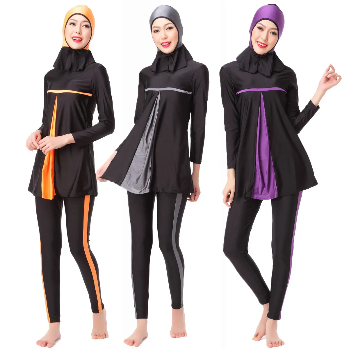 S-3XL Slim Islamic Muslim Swimwear Burkini for Women Ladies Patchwork Stripes Modest 3-Piece Swimsuit with Hijab Quick Dry