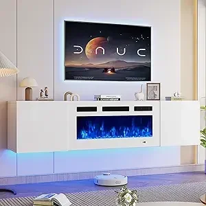 70 Inch Floating Tv Stand, With 36 Inch Electric, Fireplace Wall Mounted Entertainment, Storage Fire Place Console