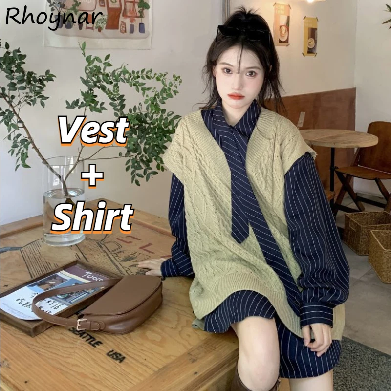 Sets Women Spring Fall Korean Style Vintage Knitted Sweater Vest Tender Elegant Striped Loose Shirts Tops Preppy Teen Girls BF