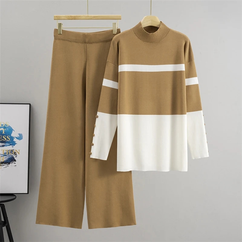 

New In Matching Sets Women's Clothing Turtleneck Sweater Striped High Waisted Wide Leg Pants Knitted Sets Womens 2 Piece