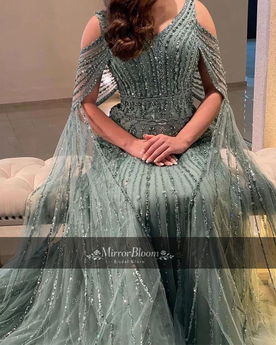 Customized Elegant Green Cold Shoulder Evening Dress Beaded Cape Sleeve Formal Prom Gown Luxury Lace A Line Wedding Guest Dress