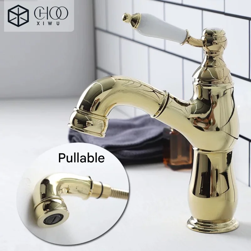 

French Retro Faucet Brass Single handle restroom universal under counter Basin Faucet Ceramic handle Hot and Cold Water Pull-out