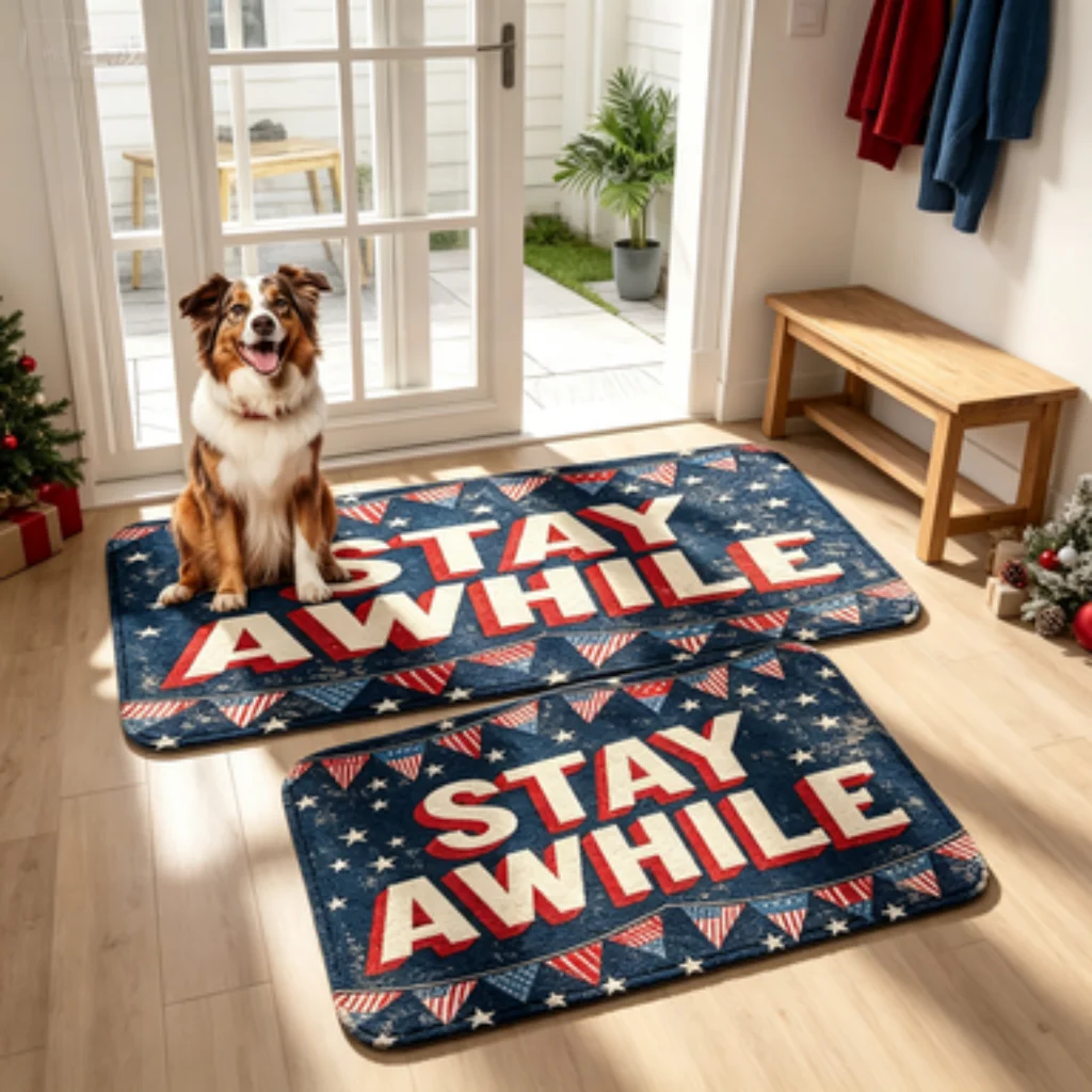 Stay Awhile Star Mat, Black Magic Zebra Cat Runner, Home Horse Crest Runner, Welcome Dove Olive Branch Mat.