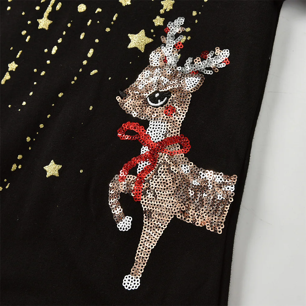 DXTON Kids Christmas New Year Gift Dress Girls Elk Sequined Appliqued Dress with Bow Knot Girls Golden Shiny Xmas Party Dresses