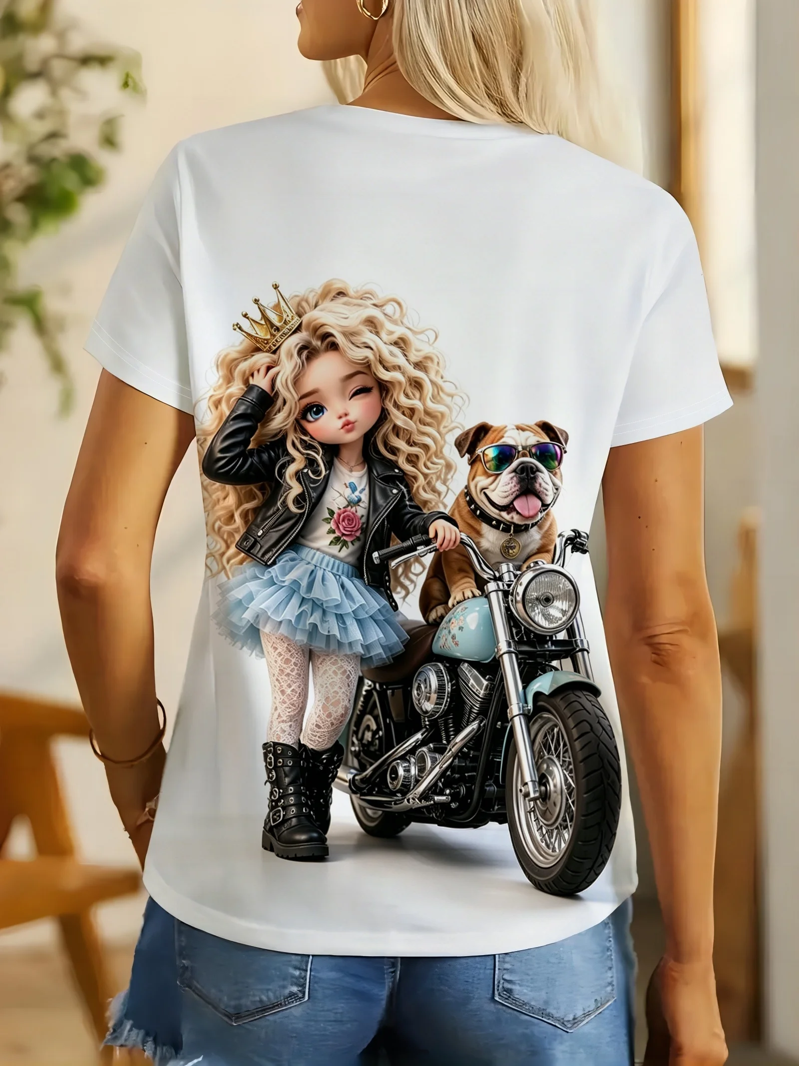 Women Crew Neck Short Sleeve T‑Shirt, Cool Rock Girl Bulldog Motorcycle Art Graphic Tee