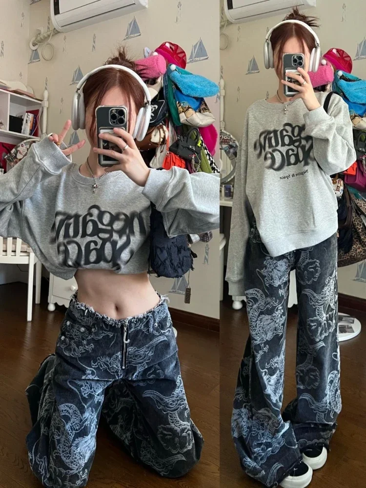 ADAgirl Chinese Style Jeans Women Y2k Vintage Baggy Dragon Print High Waist Zip Wide Leg Denim Pants Hip Hop Causal Kpop Bottoms