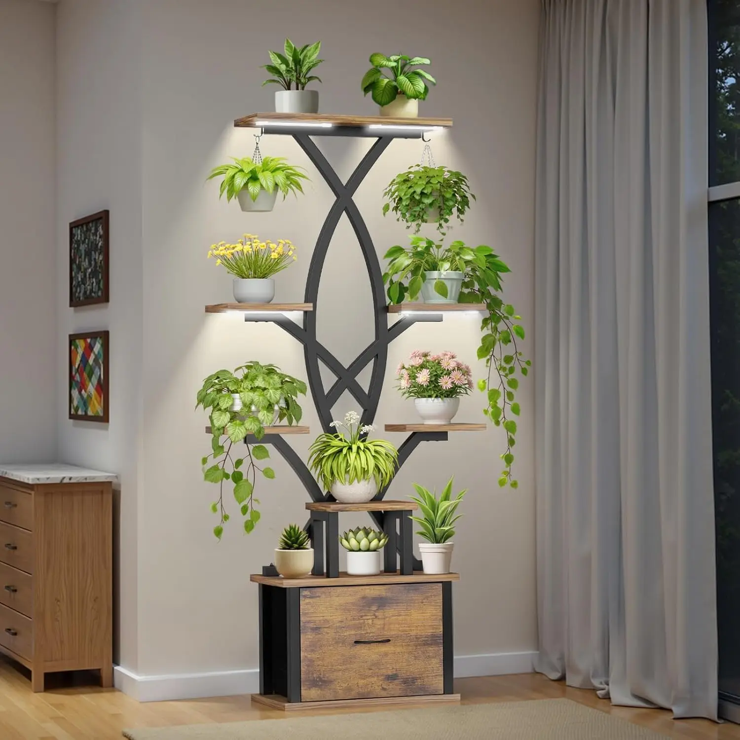 

8-Tier Plant Stand with Grow Lights & Drawer, 65" Tall Corner Shelf for Indoor Plants, Metal Plant Holder for Home
