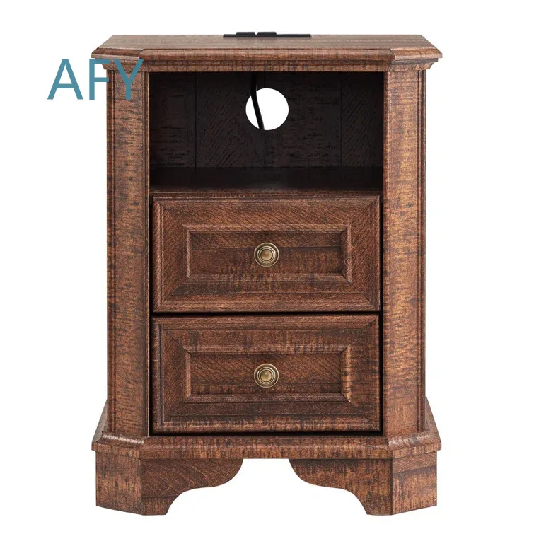 Retro Wooden Bedside Table with 2 Drawers Semi-Open Shelf Built-in USB Plug for Bedroom Living Room Home Office Decor Storage