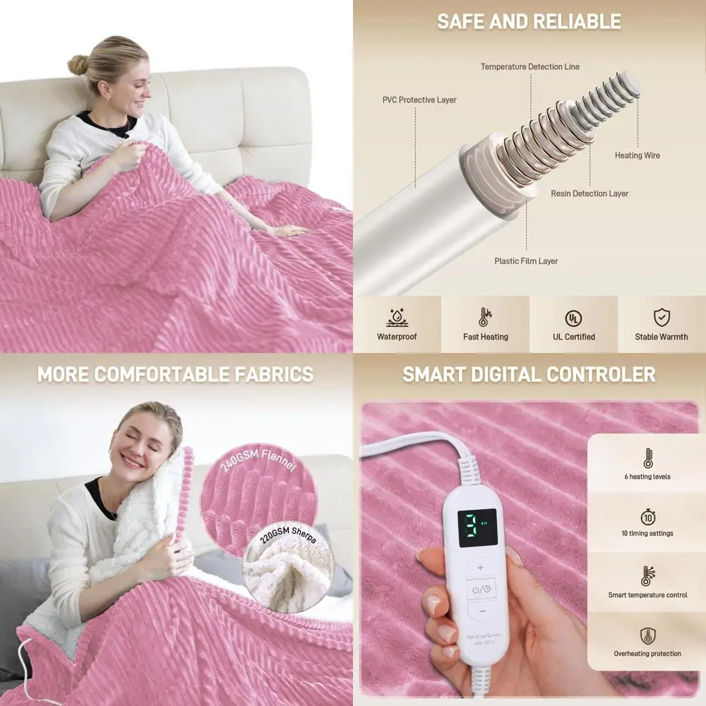 

Queen Size Soft Flannel Electric Blanket 84 x 90 with 10 Timers, 6 Heat Levels, Machine Washable, Overheat Protection - Pink