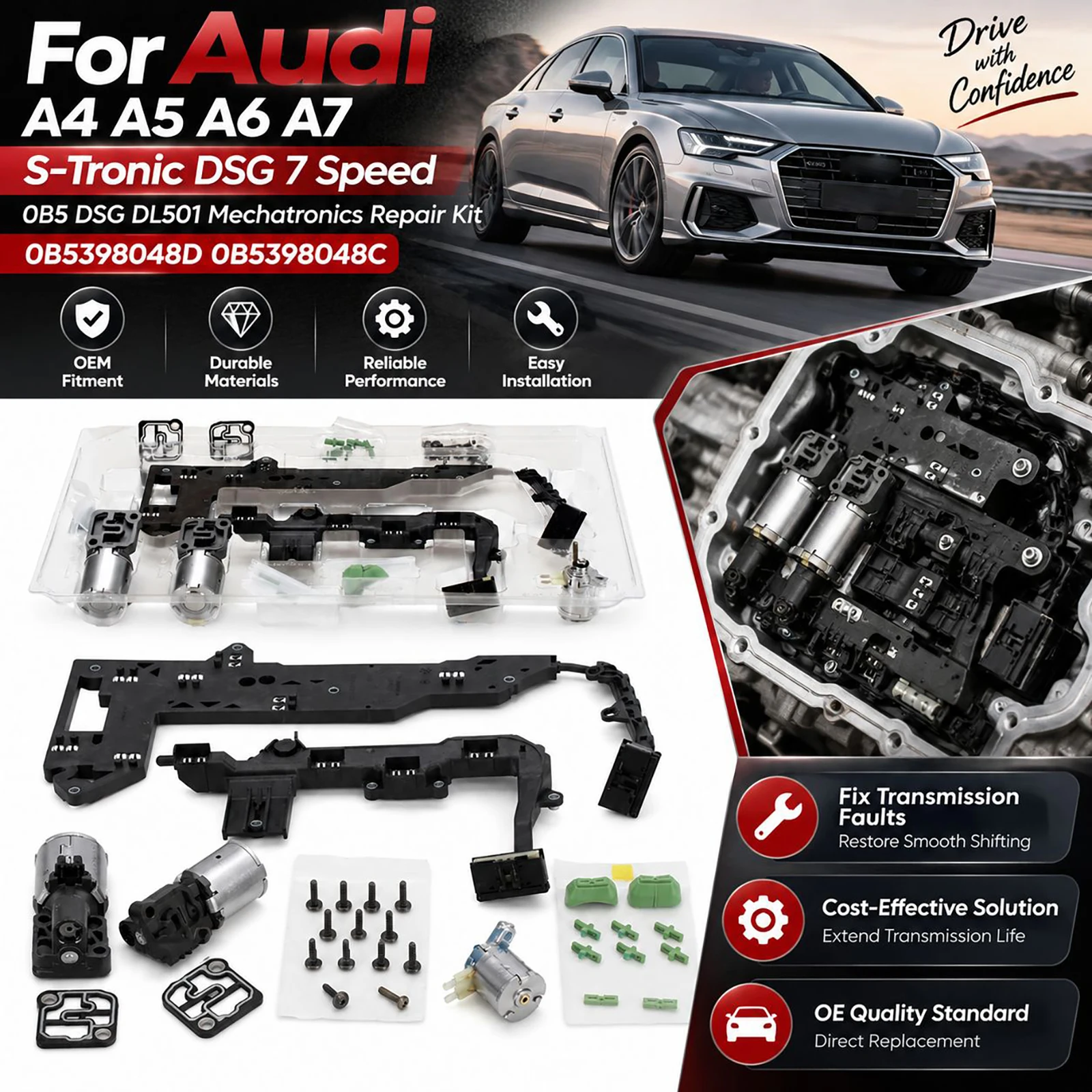 Image of DL501 0B5 Mechatronik-Reparaturset mit Magnetventil & Kabelbaum 0B5398048D 0B5398048C für Audi A4 A5 A6 A7 Q5 S4 S5