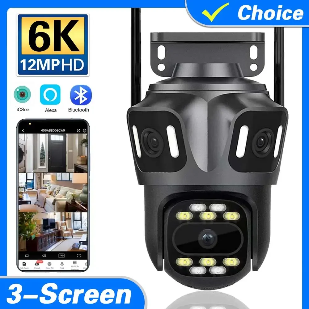 

Three Lens IP Camera 6K 12MP WiFi Wireless Security Protection Outdoor PTZ Human Auto Tracking CCTV Video Surveillance Icsee App