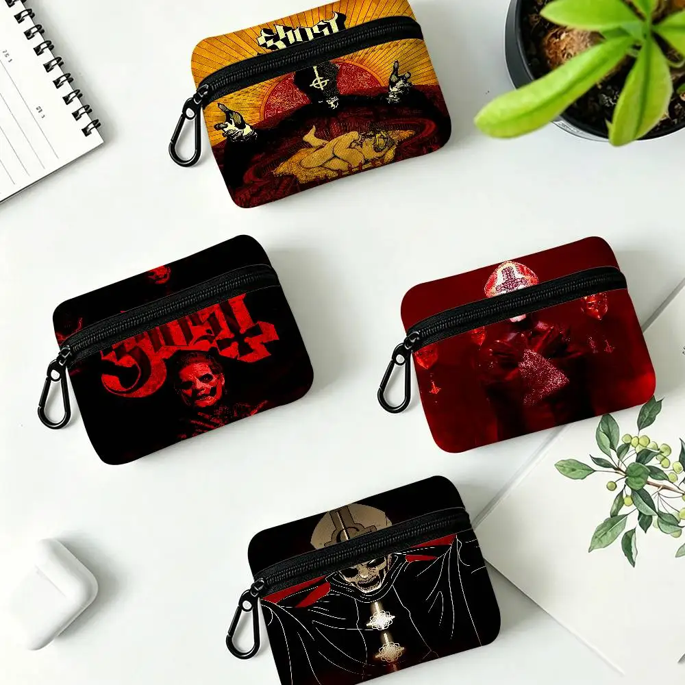 Ghost Heavy Metal Band Mini Hanging Oxford Cloth Coin Bag Durable Zipper Key Card Pouch With Carabiner