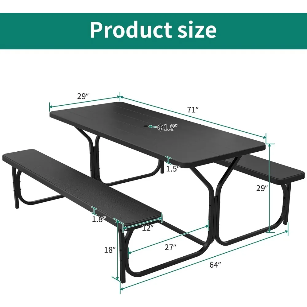 Picnic Table 6ft Heavy Duty Outdoor Picnic Table and Bench Resin Tabletop,Outdoor Tables