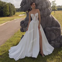 Sexy High Slit Evening Dress Satin White Wedding Dress For Women V Neck Corset Bride Robe Bridal Gowns Vestidos De Novia