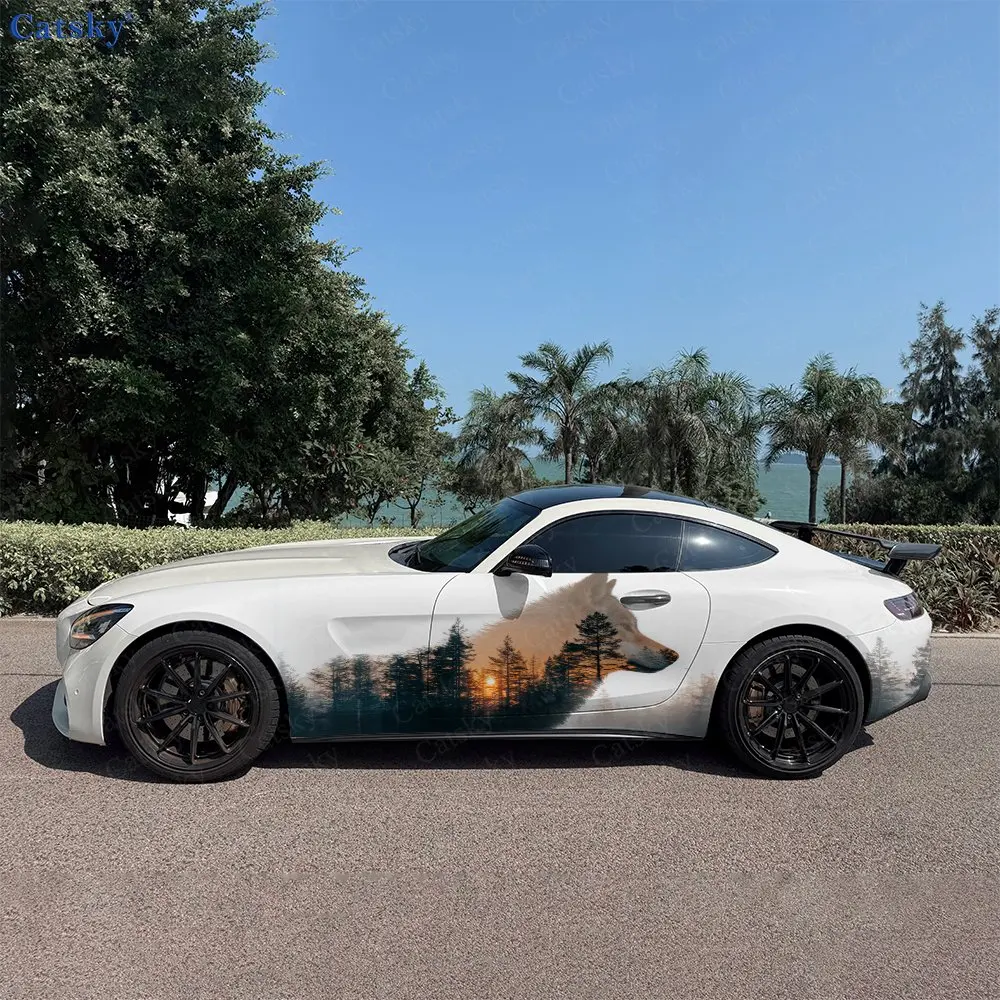 2pcs Wolf Gradient Dusk Scenery Car Side Wraps, Self-Adhesive PVC Waterproof & Scratch-Resistant Stickers, Car Accessory Gift
