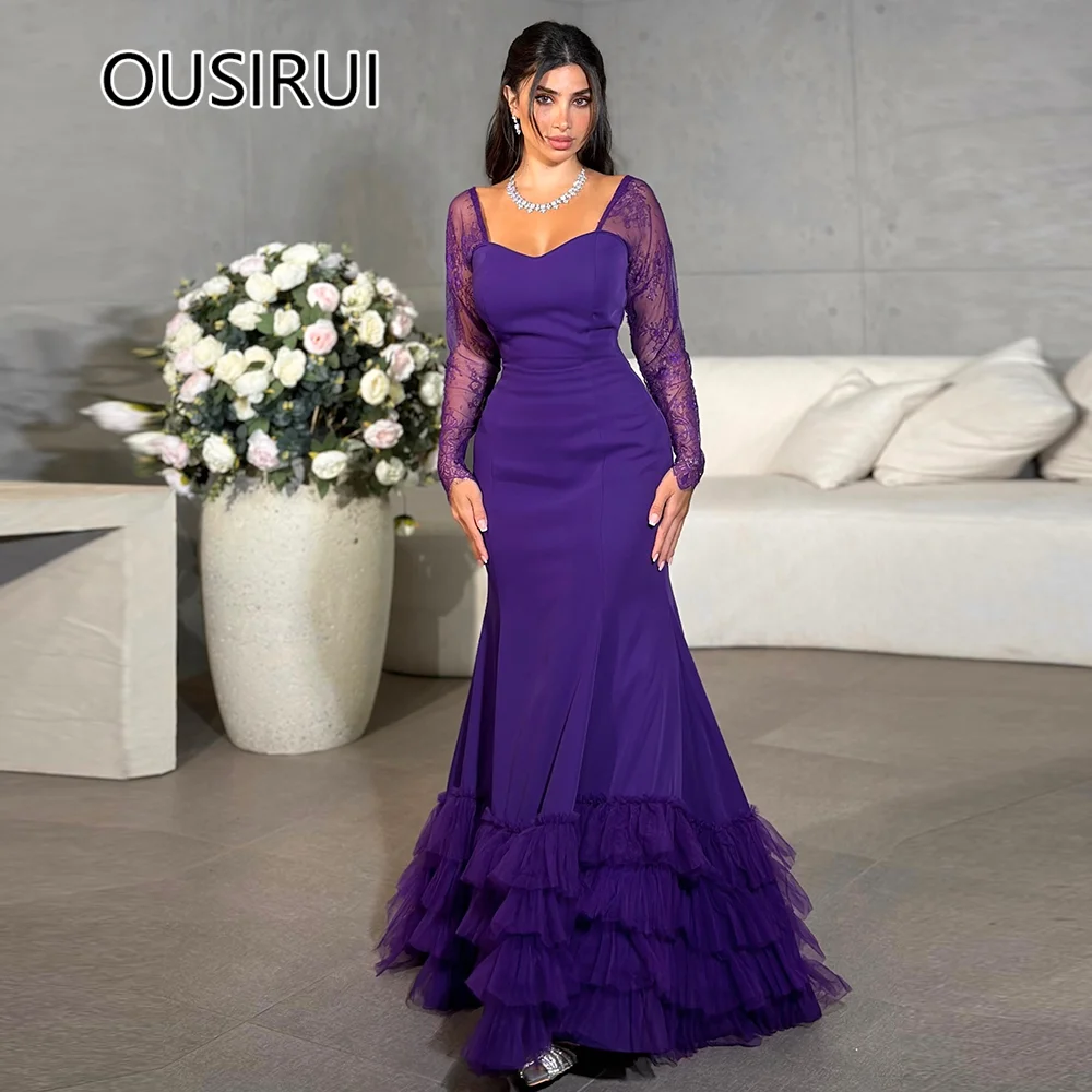 Graceful Satin Ruffles Evening Saudi Gown Mermaid Court Long Bridal Evening Dubai Gown with Long Lace Sleeve Custom Made