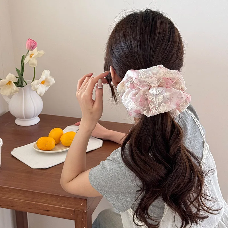 Gentle Summer Embroidery Organza Mesh Large Oversized Hair Scrunchies For Women Ponytail Holder Elegant Hair Ties Hair Accessory