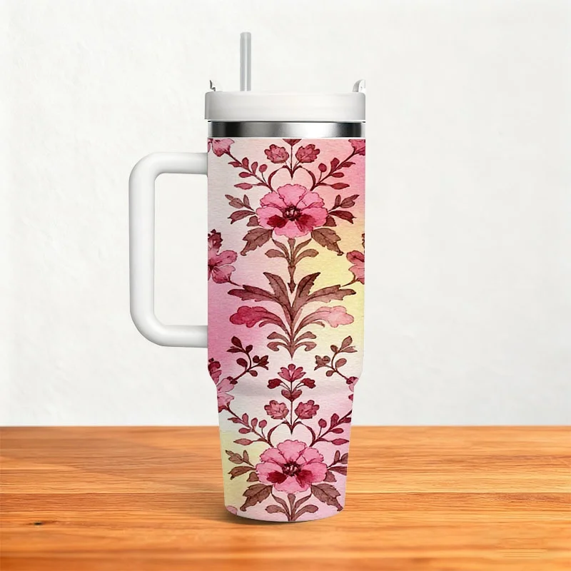 Stainless Steel 40oz Insulated Tumbler, Delicate Watercolor Floral Digital Print with Soft Pink-Yellow Gradient Background, Leakproof Thermal Cup for Daily Drinks, Office Commute & Outdoor Use