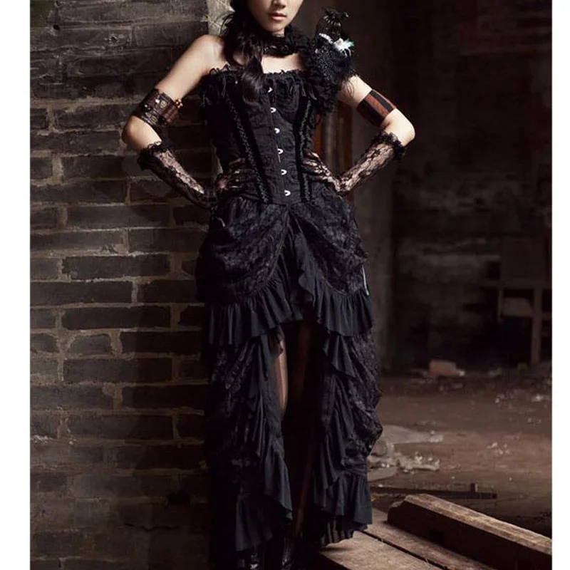 Women Victorian Asymmetrical Gothic Steampunk Lace Mesh Skirts Female Vintage Ruffles Maxi Skirt Shows Dance Performance Costume