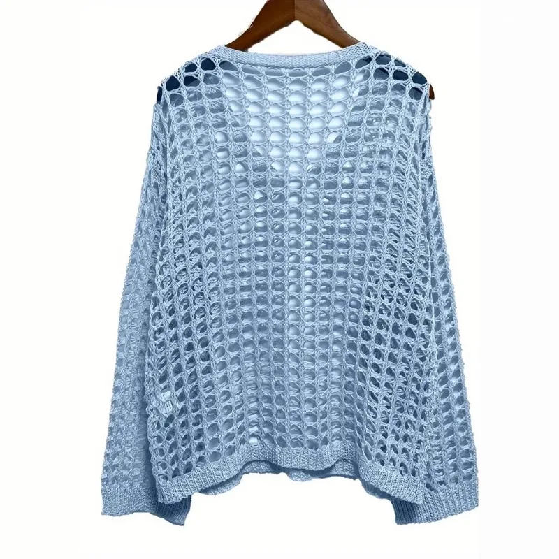 2026 New Chic Summer Fall Hollow Out Knitted Beach Cover Up Women Sunscreen Shirt Pullover Sweater See Through Sexy Top