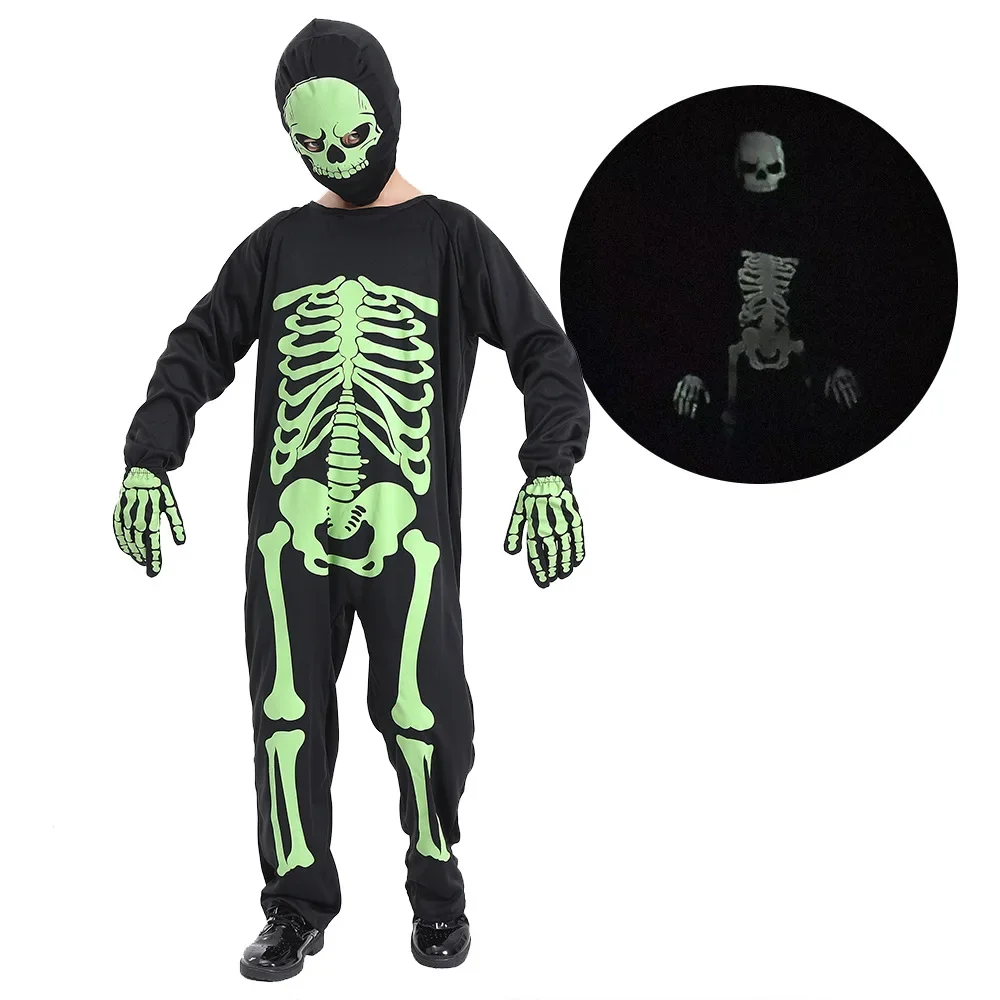 

2025 Child Funny Glow In The Dark Skeleton Zombie Jumpsuit Cosplay Scary Costume Kids Fancy Dress HalloweenThemePartyPerformance