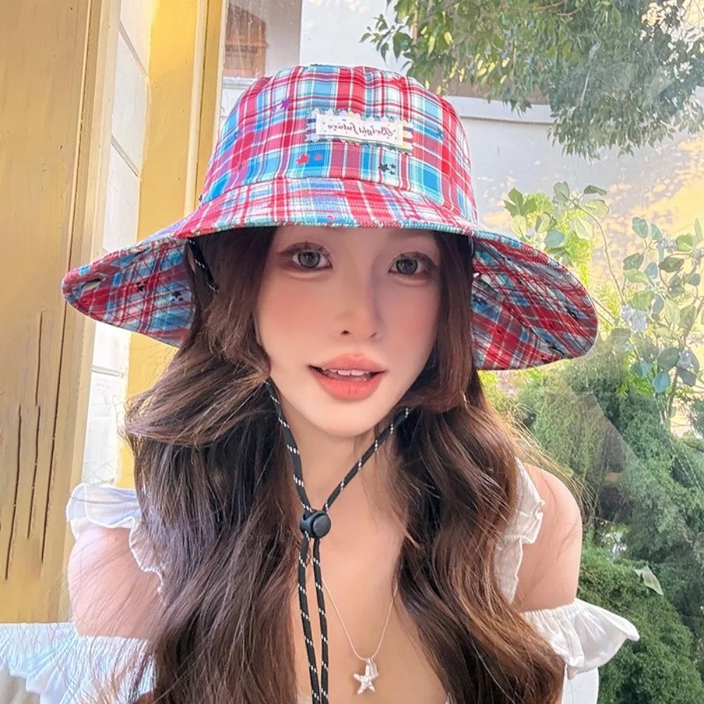 Fashion Sun-protective Fisherman Cap Big Brim Breathable Bucket Hat Versatile Check Pattern Sun Hat for Women